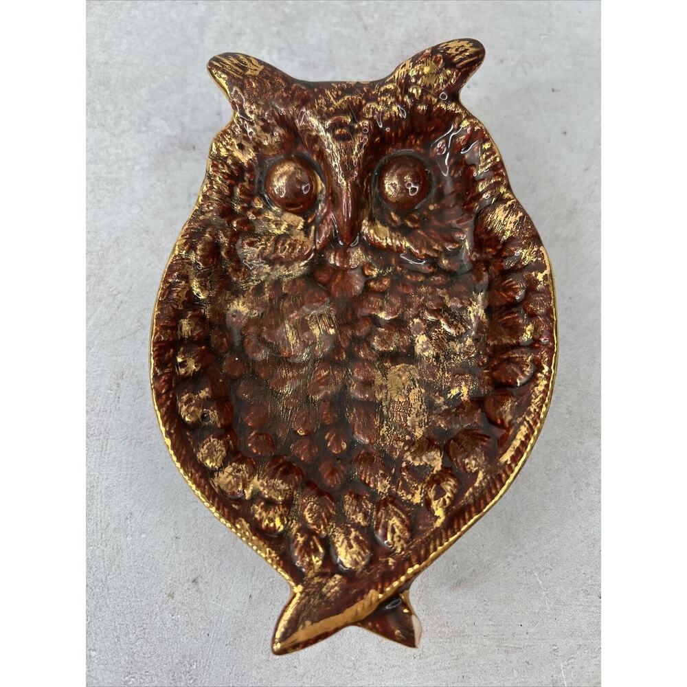 Vintage OWL Ceramic soap dish Reto1970โs style Dark Red Andโ Gold